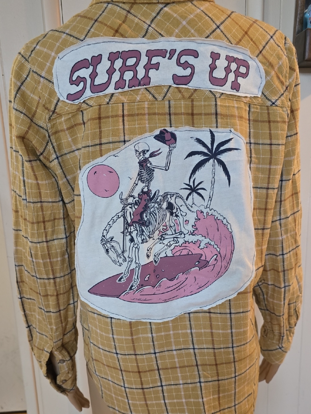 Upcycled Flannel With Surf's Up Graphic Rodeo Skeleton Patch